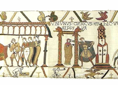 Scene 15 of the Bayeux Tapestry, with a naked human figure in the border