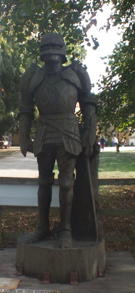 Armoured figure displayed in the grounds at Delapré