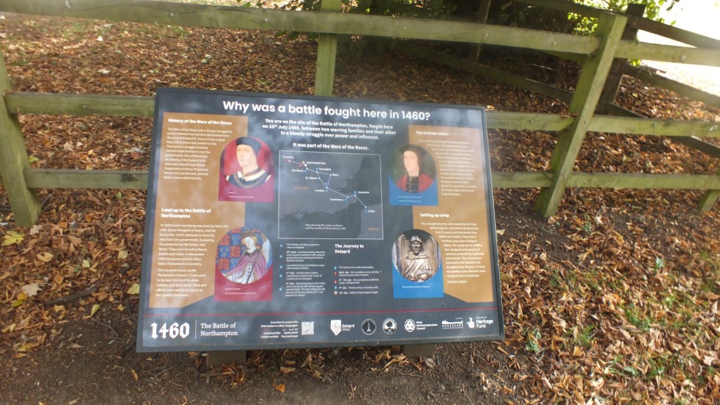 Interpretation board explaining why the Battle of Northampton was fought in 1460