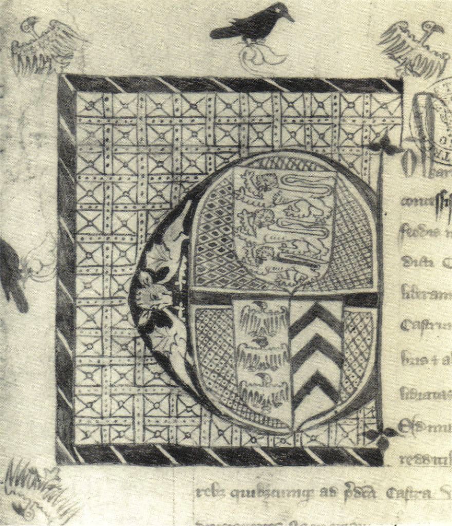 Illuminated initial in Edward II’s 1307 charter for Piers Gaveston, with royal arms above Gaveston and de Clare arms