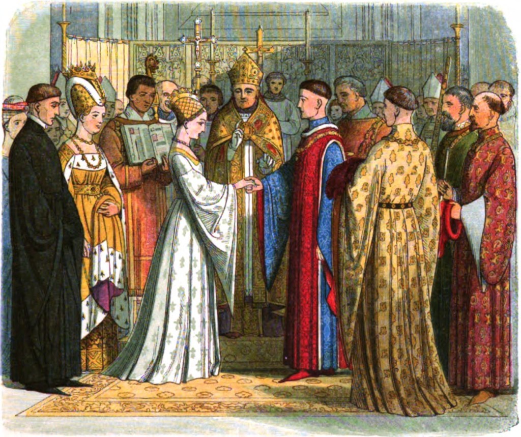 Katherine de Valois and Henry V at their wedding, imagined in a colourful nineteenth-century illustration.