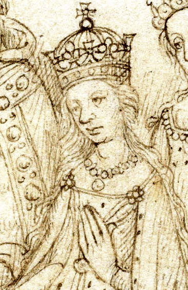 Katherine de Valois wearing a crown, shown in a late fifteenth-century manuscript illustration.